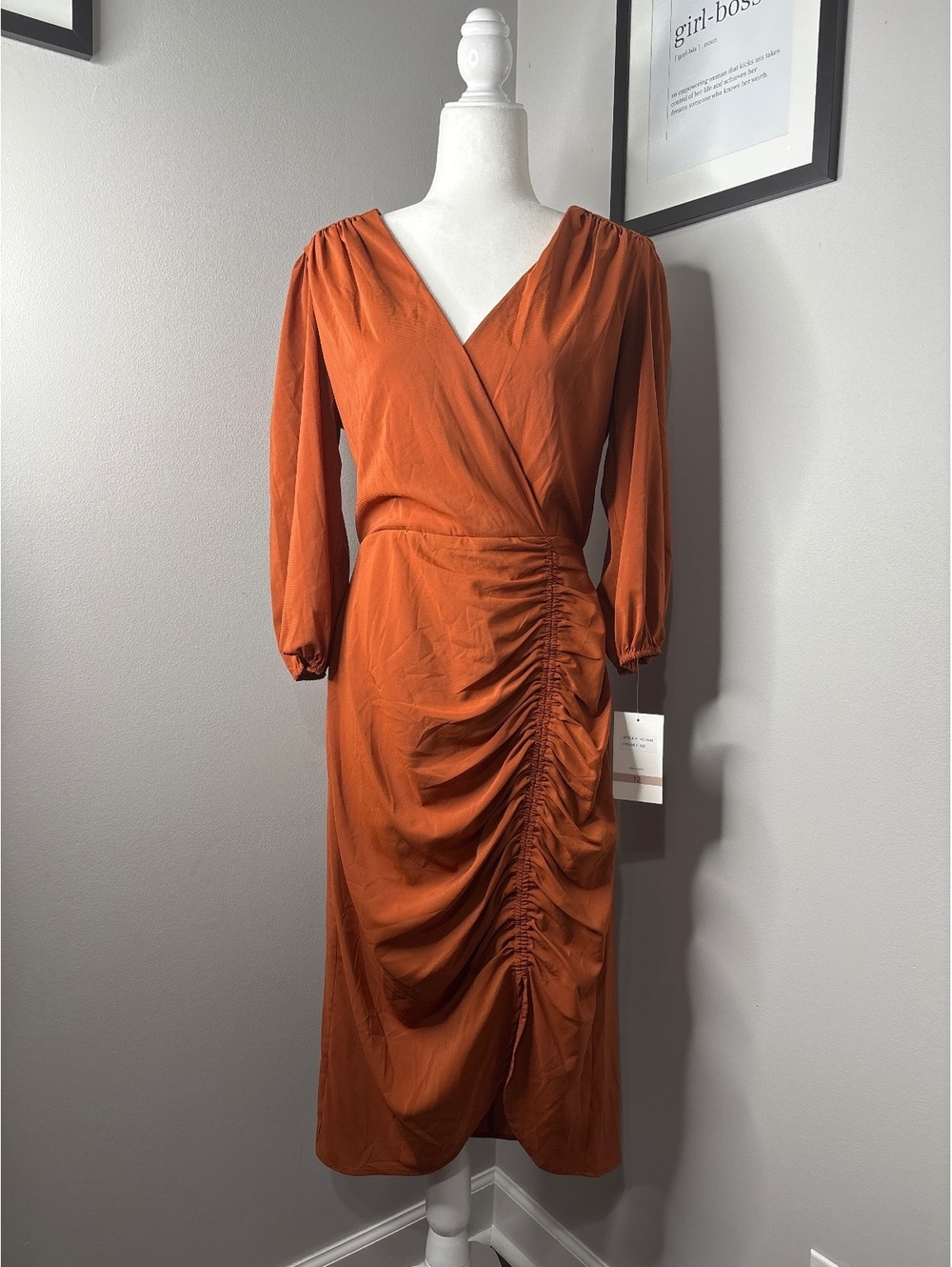 Maison Tara Rust Orange Ruched Midi Dress Size 12
